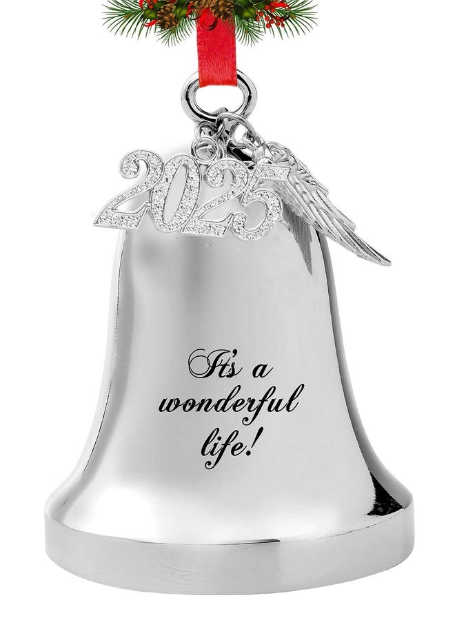 JUPPE 2025 Silver Engraved It's A Wonderful Life Christmas Bell Ornaments for Christmas Tree Wedding Anniversary Decoration Pendants with Angel Wings (Silver Bell) - Image 1